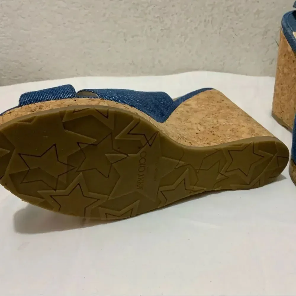 Jimmy Choo Amely 105 Slingback Sandals Denim Cork Wedges size 39.5